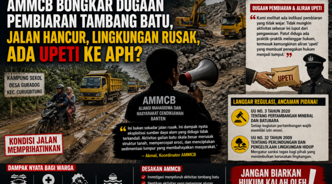 Ilustrasi yang menggambarkan dampak aktivitas tambang batu terhadap kerusakan jalan dan lingkungan di Guradog. AMMCB menyoroti dugaan pembiaran serta mendesak penegakan hukum terhadap pihak yang bertanggung jawab.
