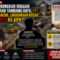 Ilustrasi aktivitas tambang batu dengan alat berat dan truk di jalan rusak berlumpur, disertai visual protes masyarakat terhadap kerusakan lingkungan dan dugaan pembiaran hukum