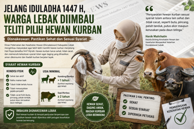 Ilustrasi pemeriksaan hewan kurban menjelang Iduladha 1447 Hijriah oleh petugas kesehatan hewan, dengan elemen berita tentang imbauan Disnakeswan Lebak agar masyarakat memilih hewan kurban sehat dan sesuai syariat Islam.