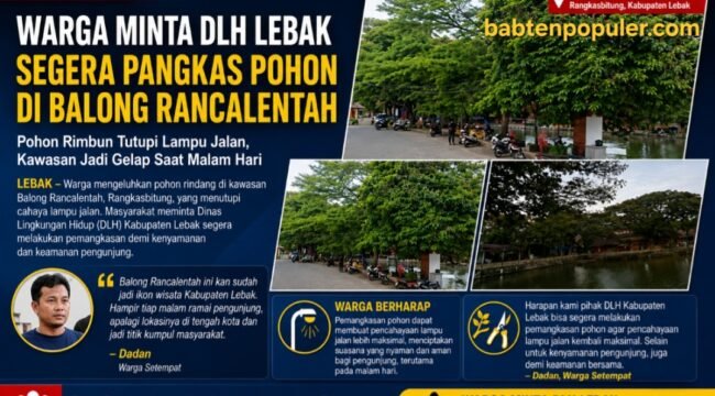 Kolase suasana Balong Rancalentah, Rangkasbitung, Kabupaten Lebak, yang menampilkan kondisi pepohonan rindang di sekitar area wisata. Warga meminta DLH Kabupaten Lebak segera melakukan pemangkasan karena pohon dinilai menutupi cahaya lampu jalan dan membuat area menjadi gelap saat malam hari.