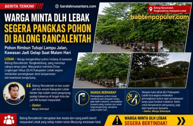 
					Kolase suasana Balong Rancalentah, Rangkasbitung, Kabupaten Lebak, yang menampilkan kondisi pepohonan rindang di sekitar area wisata. Warga meminta DLH Kabupaten Lebak segera melakukan pemangkasan karena pohon dinilai menutupi cahaya lampu jalan dan membuat area menjadi gelap saat malam hari.
