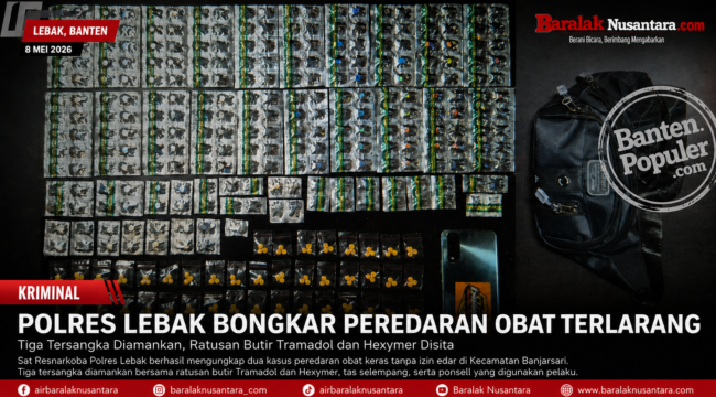 at Resnarkoba Polres Lebak menunjukkan barang bukti ratusan butir obat keras ilegal jenis Tramadol dan Hexymer yang disita dari tiga tersangka dalam operasi penggerebekan di Kecamatan Banjarsari, Kabupaten Lebak, Kamis (7/5/2026).