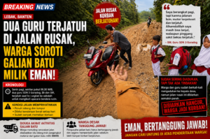 Kondisi jalan rusak parah di Kampung Sekol, Desa Guradog, Curugbitung, memaksa pengguna jalan ekstra hati-hati. Dua guru SDN 3 Guradog sebelumnya terjatuh di lokasi ini, sementara siswa harus melintasi jalur berlumpur yang rawan kecelakaan setiap hari. foto: bantenpopuler.com