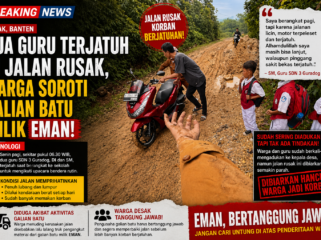 Kondisi jalan rusak parah di Kampung Sekol, Desa Guradog, Curugbitung, memaksa pengguna jalan ekstra hati-hati. Dua guru SDN 3 Guradog sebelumnya terjatuh di lokasi ini, sementara siswa harus melintasi jalur berlumpur yang rawan kecelakaan setiap hari. foto: bantenpopuler.com