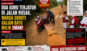 Seorang pria mendorong sepeda motor di jalan desa yang rusak dan berlumpur di Guradog, sementara sejumlah siswa sekolah dasar berdiri di pinggir jalan menyaksikan kondisi berbahaya