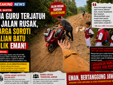 Kondisi jalan rusak parah di Kampung Sekol, Desa Guradog, Curugbitung, memaksa pengguna jalan ekstra hati-hati. Dua guru SDN 3 Guradog sebelumnya terjatuh di lokasi ini, sementara siswa harus melintasi jalur berlumpur yang rawan kecelakaan setiap hari. foto: bantenpopuler.com