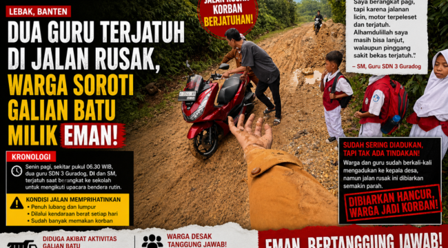 Kondisi jalan rusak parah di Kampung Sekol, Desa Guradog, Curugbitung, memaksa pengguna jalan ekstra hati-hati. Dua guru SDN 3 Guradog sebelumnya terjatuh di lokasi ini, sementara siswa harus melintasi jalur berlumpur yang rawan kecelakaan setiap hari. foto: bantenpopuler.com
