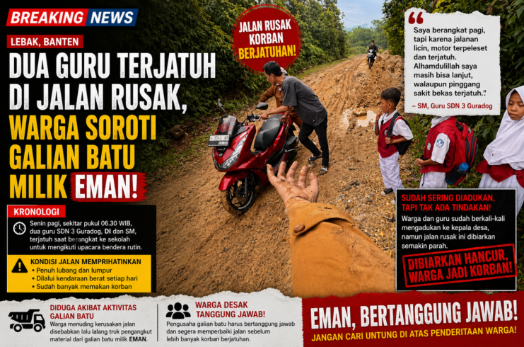 Seorang pria mendorong sepeda motor di jalan desa yang rusak dan berlumpur di Guradog, sementara sejumlah siswa sekolah dasar berdiri di pinggir jalan menyaksikan kondisi berbahaya