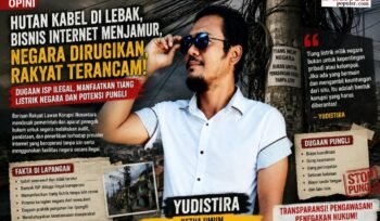 Poster ilustrasi opini menampilkan Yudistira, Ketua Umum Barisan Rakyat Lawan Korupsi (BARALAK) Nusantara, dengan latar belakang tiang listrik yang dipenuhi kabel internet semrawut. Gambar memuat elemen berita mengenai dugaan provider internet ilegal, penggunaan aset negara tanpa izin, potensi pungutan liar, serta tuntutan transparansi dan penegakan hukum