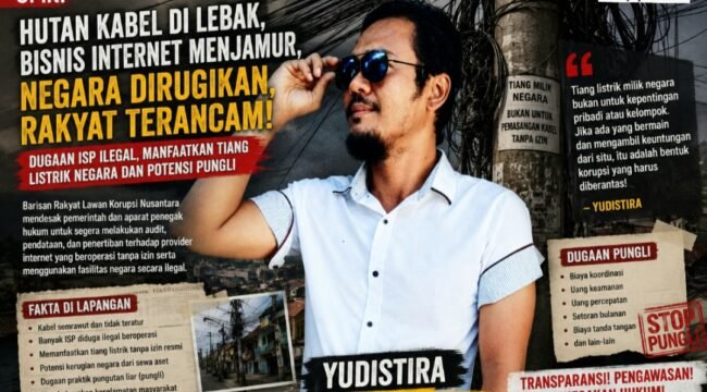 Ilustrasi Yudistira, Ketua Umum BARALAK Nusantara, menyoroti dugaan maraknya provider internet ilegal yang memanfaatkan tiang listrik milik negara serta potensi praktik pungutan liar dalam pemasangan jaringan internet di Kabupaten Lebak. Ia mendorong audit, pendataan, dan penegakan hukum secara transparan., by: bantenpopuler