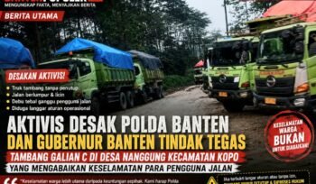Deretan truk pengangkut material tambang galian C melintas di jalan Desa Nanggung, Kecamatan Kopo, Kabupaten Serang, yang menjadi sorotan aktivis karena dinilai mengabaikan keselamatan pengguna jalan