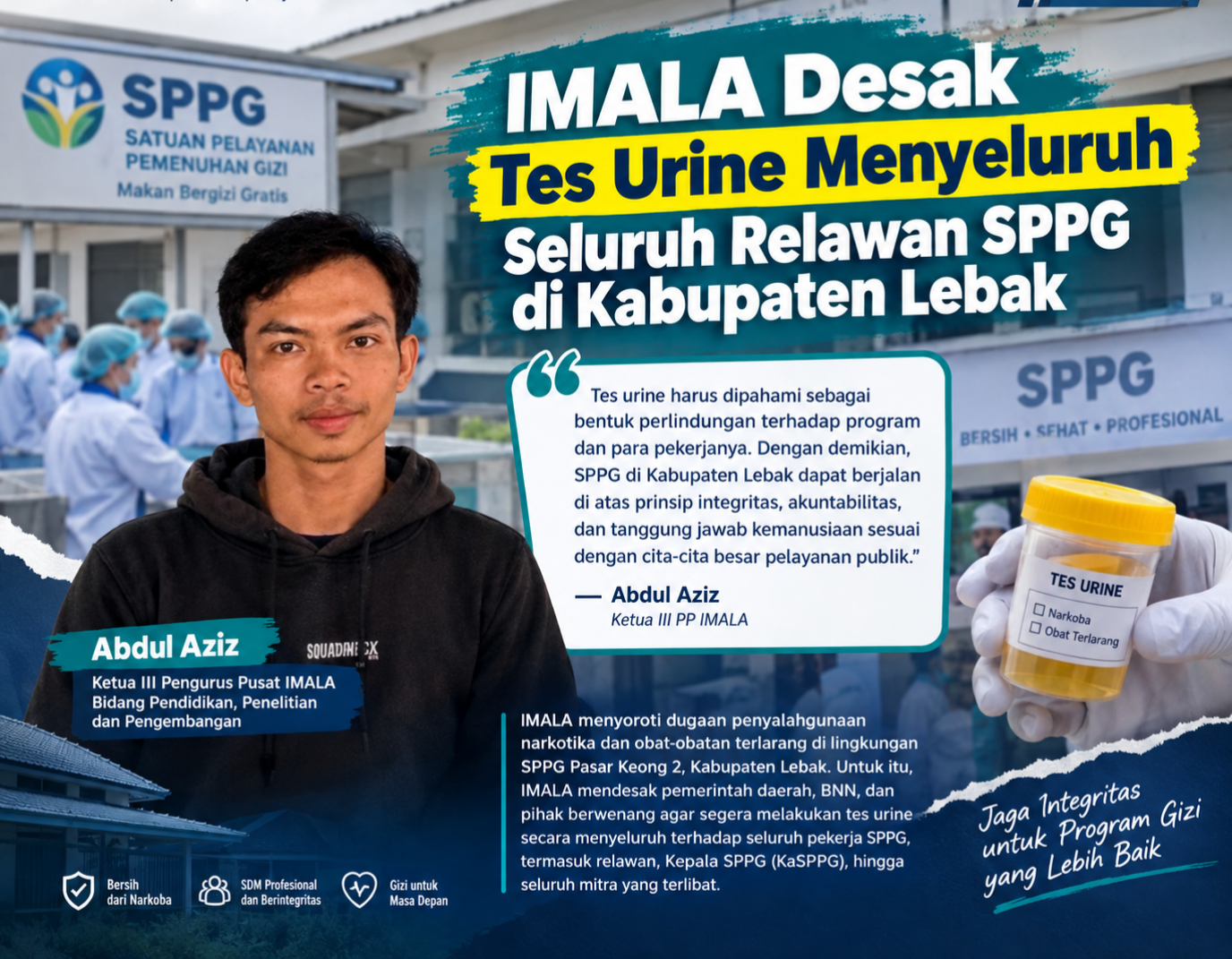 IMALA Desak Tes Urine Menyeluruh Seluruh Relawan SPPG di Kabupaten Lebak